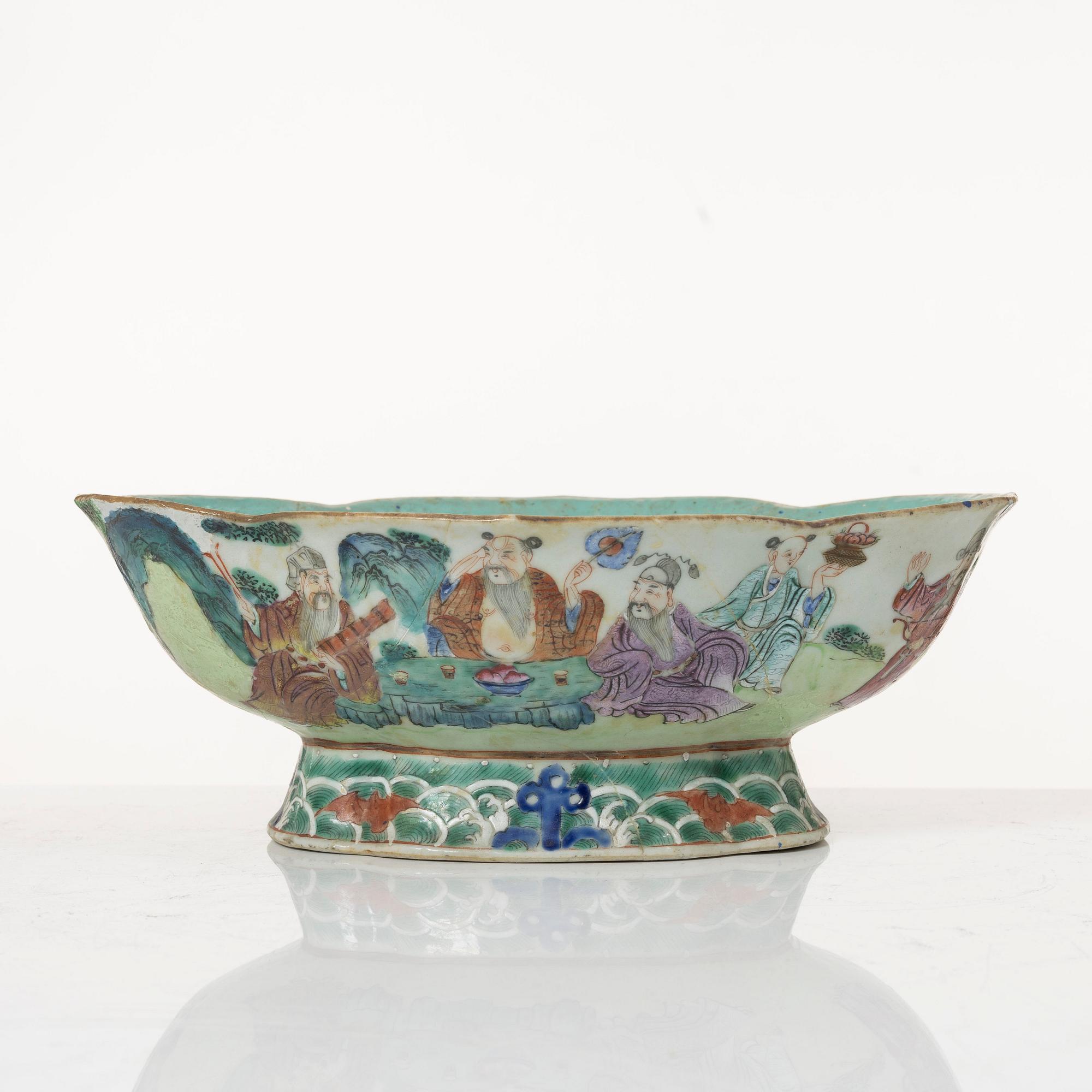 A set of five famille rose tea cups, Qing dynasty, 18th century and a bowl, Qing dynasty, 19th century.