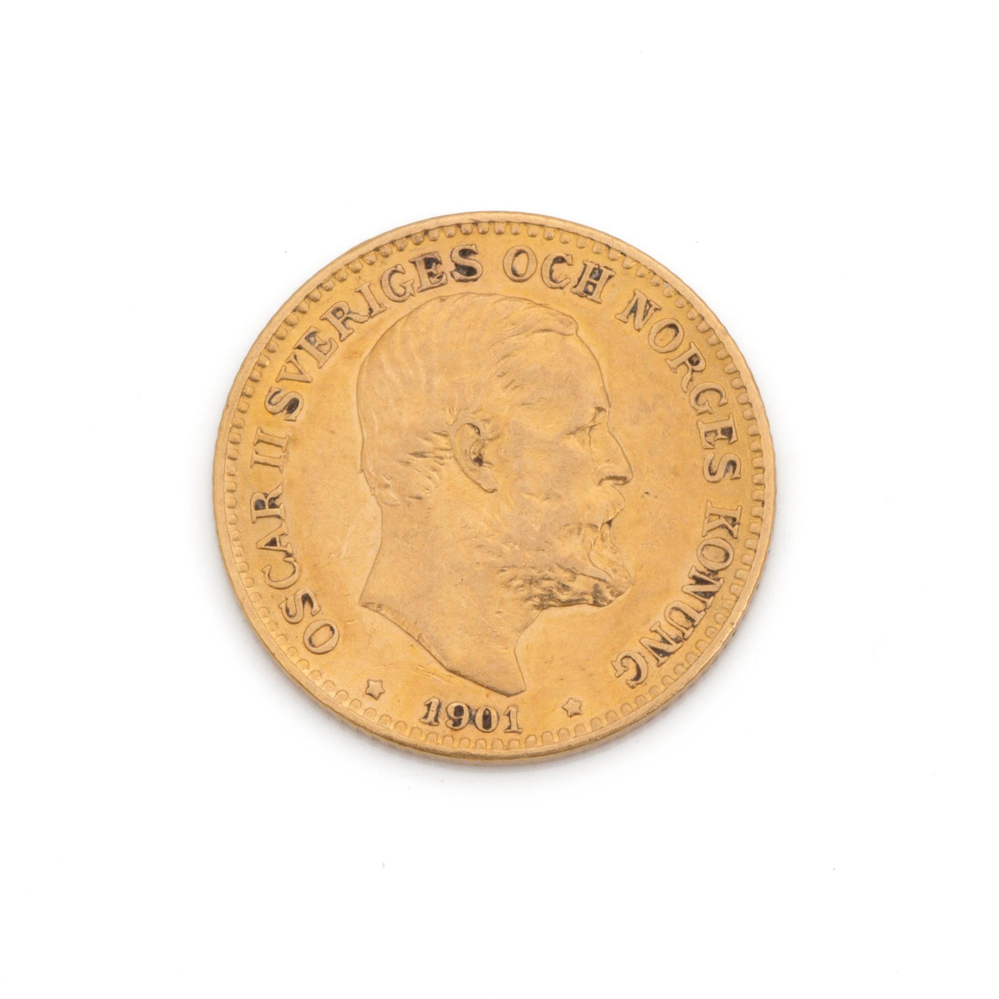 GULDMYNT, Oscar II, guld, 1901. Vikt ca 5 gram.