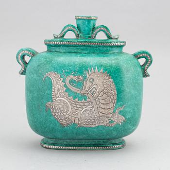 Wilhelm Kåge, urna med lock, stengods, "Argenta", Gustavsberg.