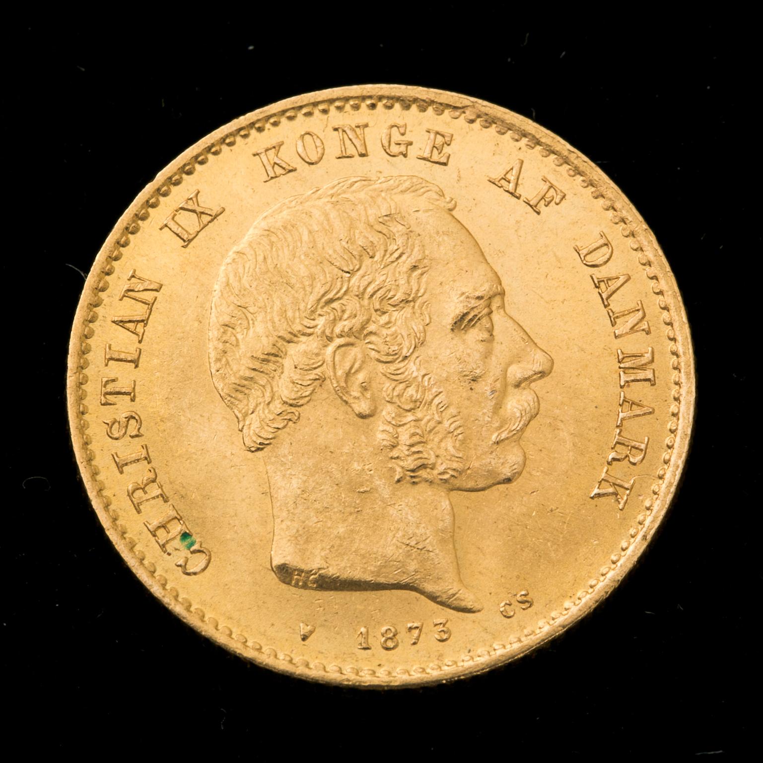 GULDMYNT, 20 kroner, Christian IX, Danmark, 1873. Vikt ca 9 gram.