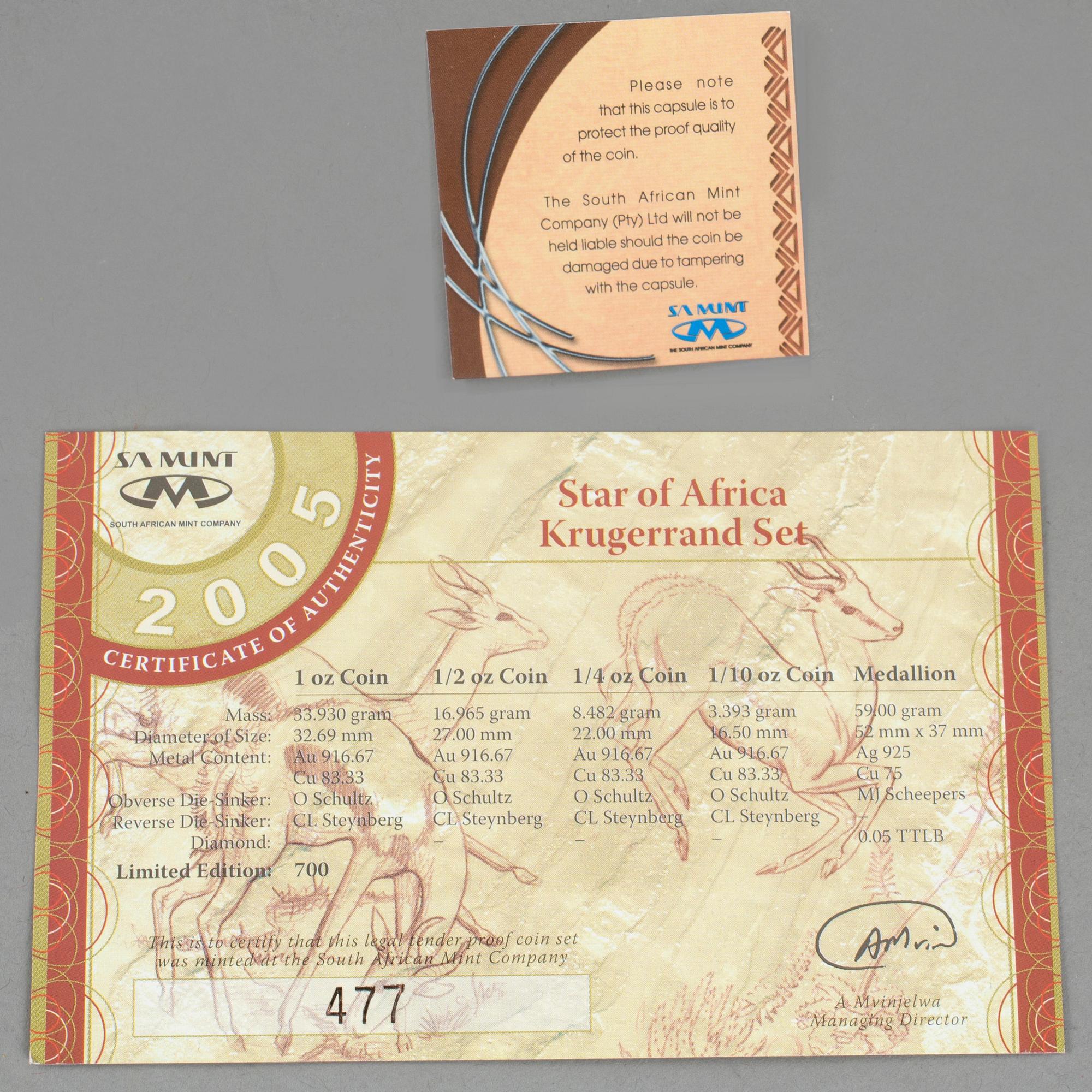 SAMLARMYNT, 4 st, 22 k guld, "Star of Africa Krugerrand Set", numrerad 477/700. Tot guldvikt 63 g.