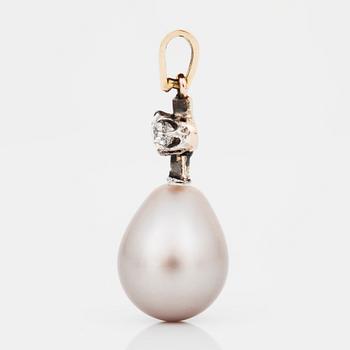 A grey natural saltwater pearl and old-cut diamond pendant. Diamond circa 0.20 ct.