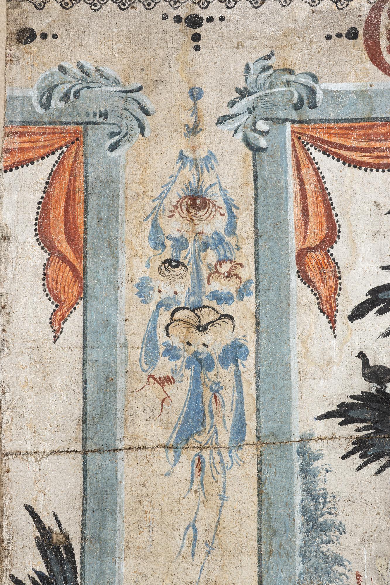 A nine-piece part folk art wall painting from Värmland, Sweden, late 18th century.