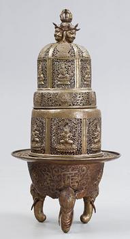 A large copper alloy incense burner, Tibet or Mongolia 19th Century.