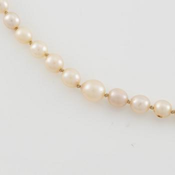 Pearl necklace, graduated pearls, clasp silver with pyrite.