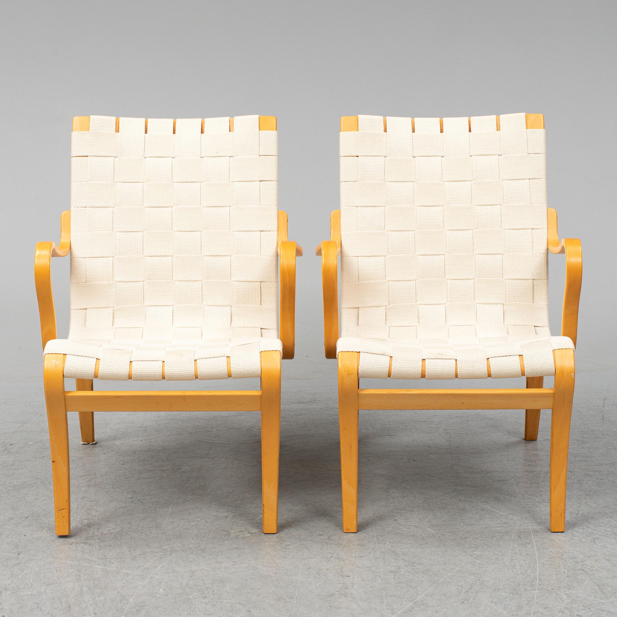 BRUNO MATHSSON, a pair of 'Mina' armchairs from Bruno Mathsson International, Värnamo, 1997.