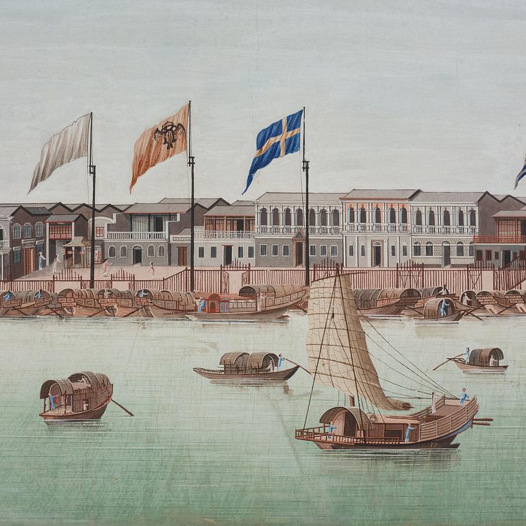 A Chinese Export painting of the Hongs of Canton, Qing dynasty, 18th century.