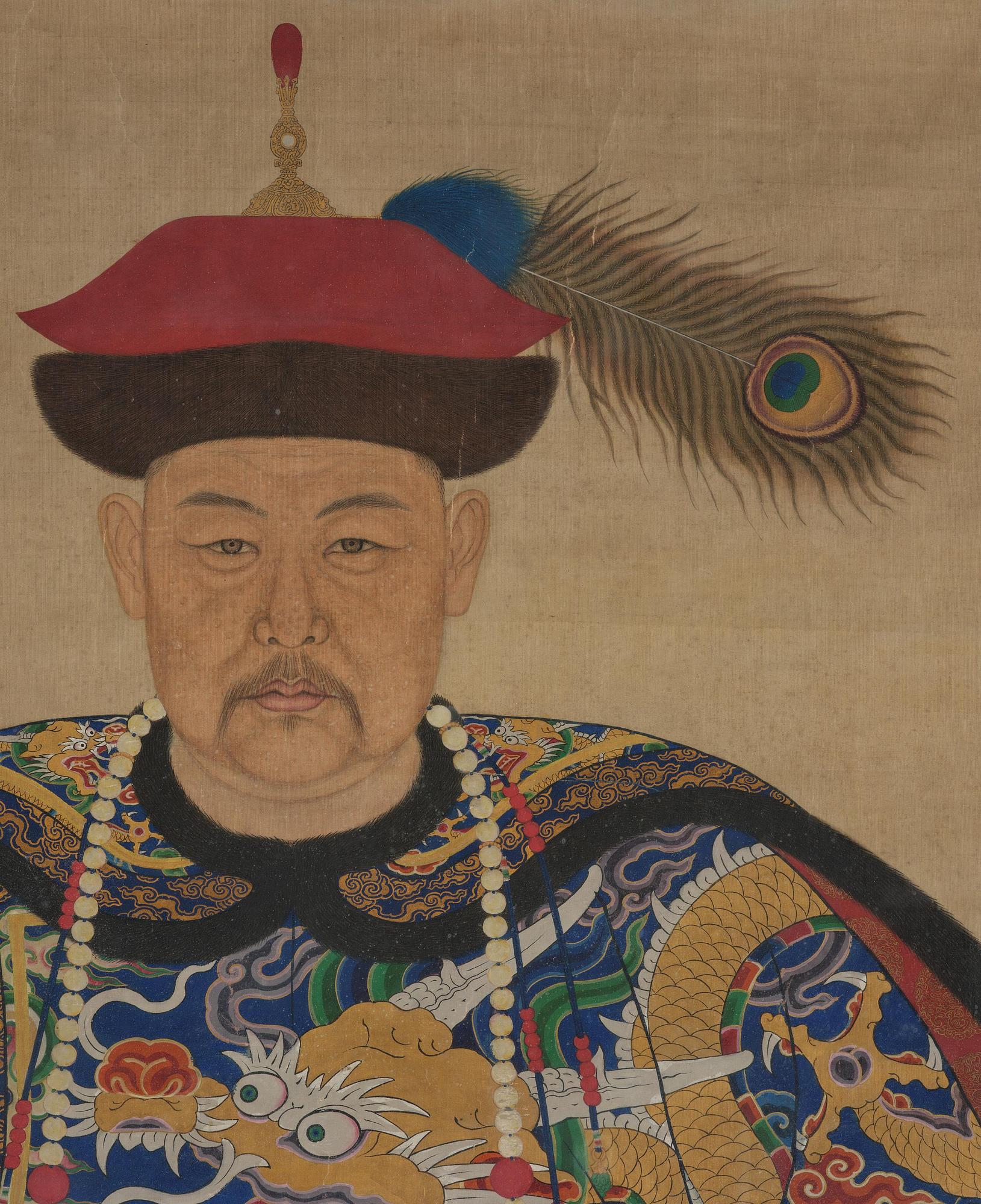 Förfadersporträtt, Qingdynastin, 1800-tal. Med signatur.
