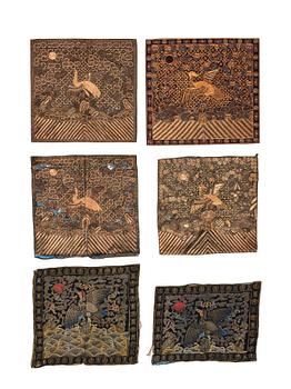 A group of six embroidered silk mandarin insignias, Qingdynasty, 18/19th Century.