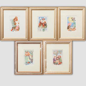 KONSTVYKORT, 5 st, efter Tove Jansson, signerade i trycket, Taidekorttikeskus, 1940-tal.