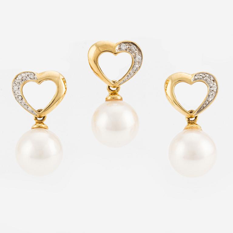 Pendant and a pair of earrings, 18K gold with pearls and small diamonds.