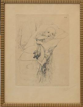 CARL LARSSON, etsning, signerad CL.
"Gunlög gratulerar morfar", utförd 1913.