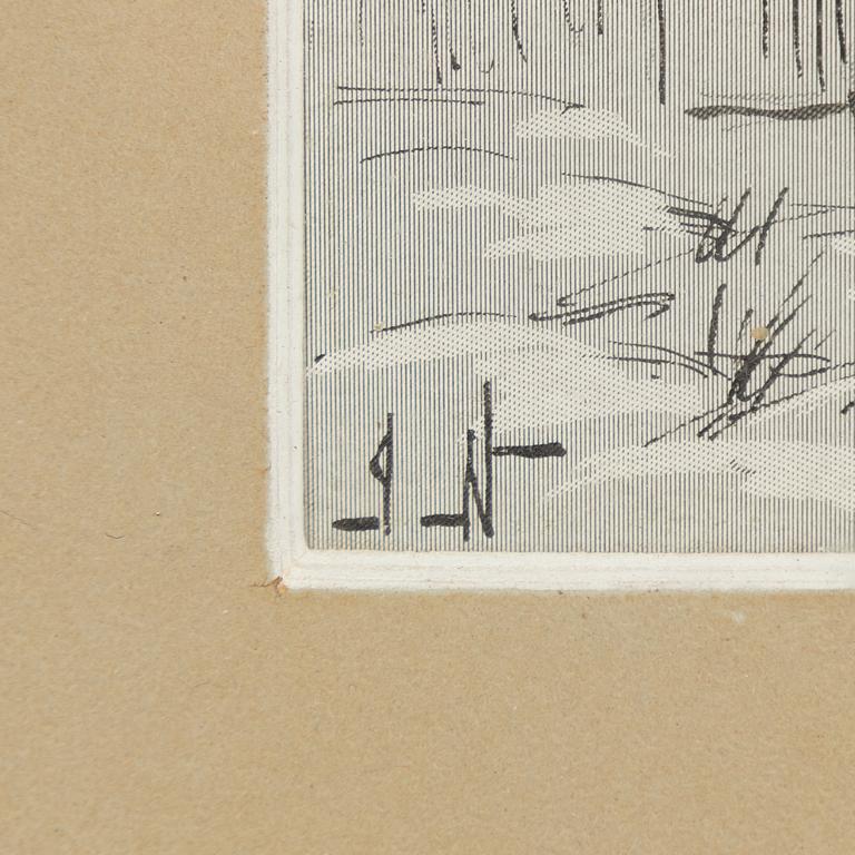 Jenny Nyström, Flicka med blommor, skrapkartong och tusch, monogramsignerad.