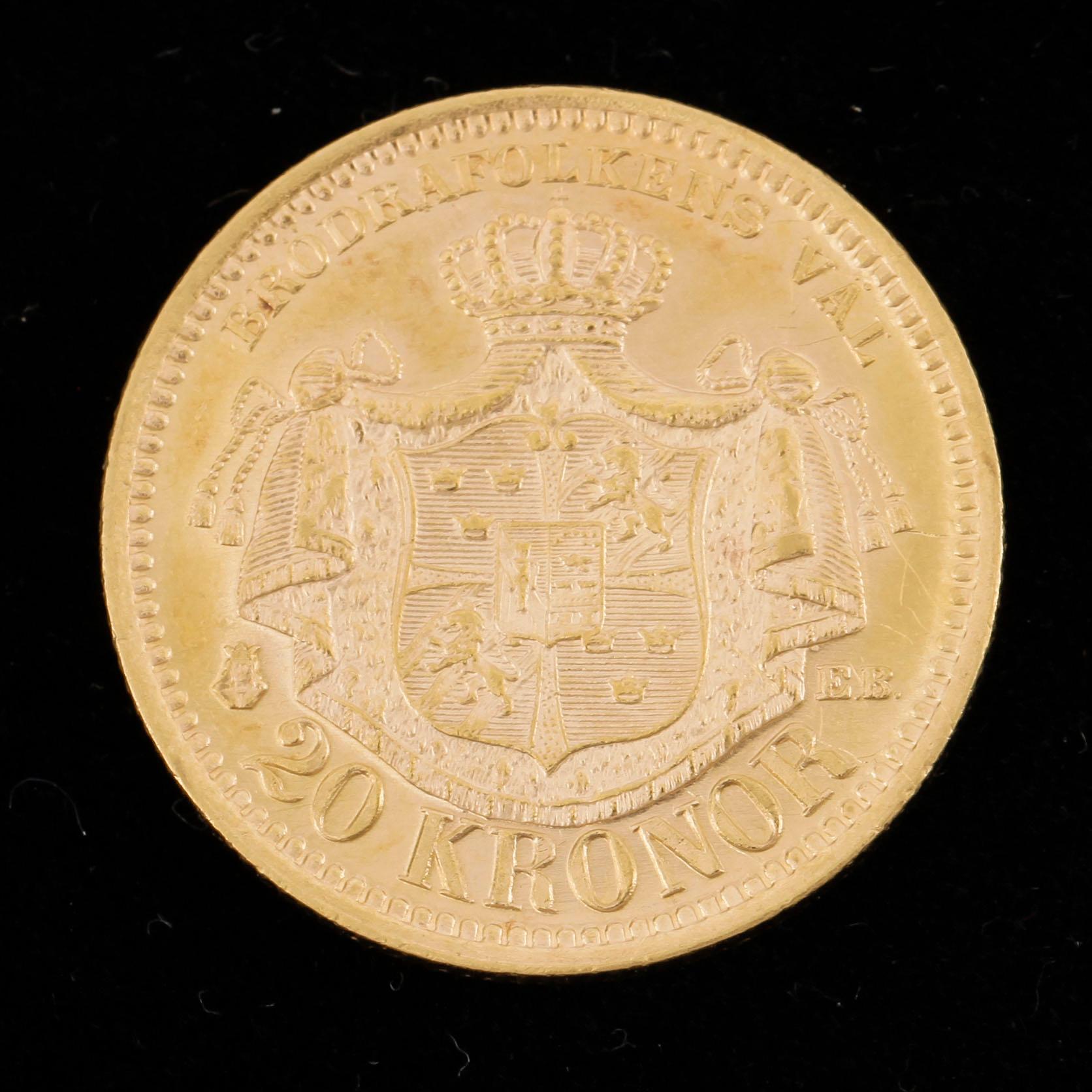 GULDMYNT, 20 Kronor, Oscar II, Sverige-Norge 1887. Vikt ca 8 gram.