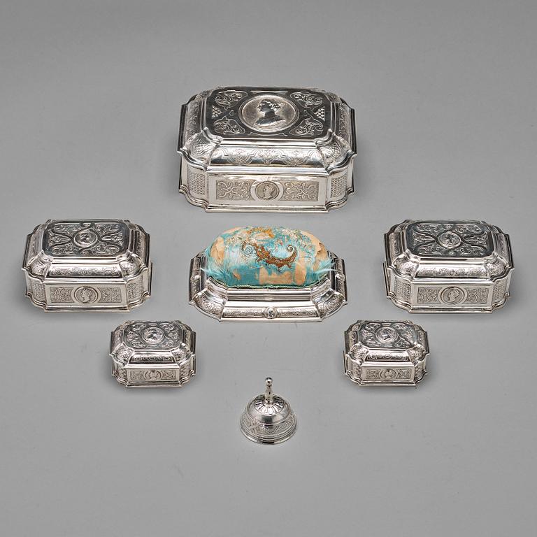 A Swedish 18th century 7 piece silver toilet service, mark of Johan Lorenz Starin, Stockholm 1736.