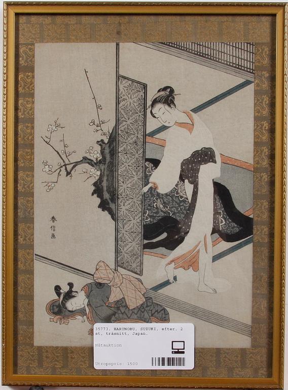 HARUNOBU, SUZUKI, hans efterföljare, 2 st, träsnitt, Japan, 1800/1900-tal.