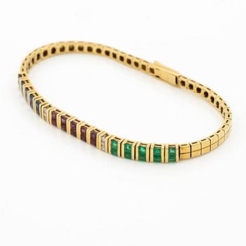 Bracelet, 18K gold with brilliant-cut diamonds, carré-cut rubies, emeralds and sapphires.