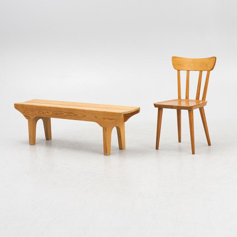 Stolar, 4 st, samt bord och bänk, 1900-talets mitt.