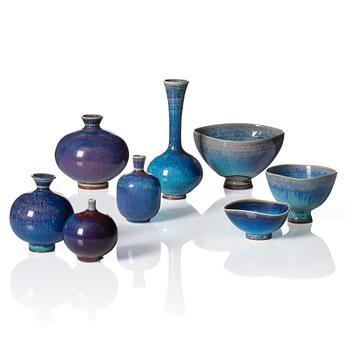 Berndt Friberg, a set of 5 stoneware vases and 3 bowls, Gustavsberg studio, Sweden 1960-70s.