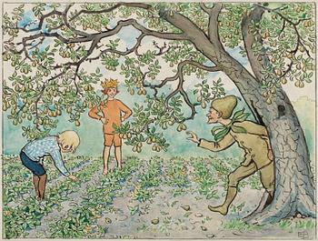 728. Elsa Beskow, "Herr Gråpäron kliver ur sitt träd" ur "Lasse-liten i trädgården".