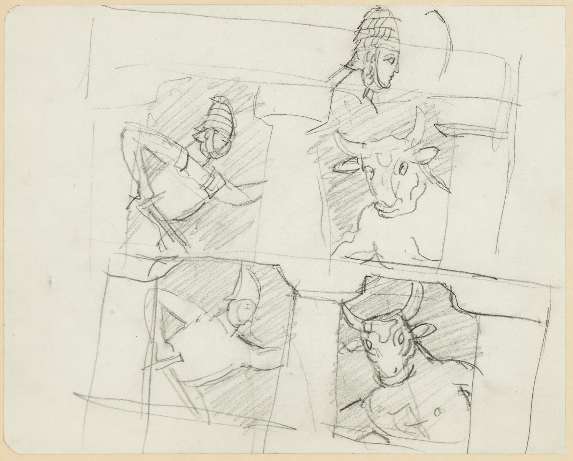 Hilding Linnqvist, pencil drawings, 2 + 3, framed together.