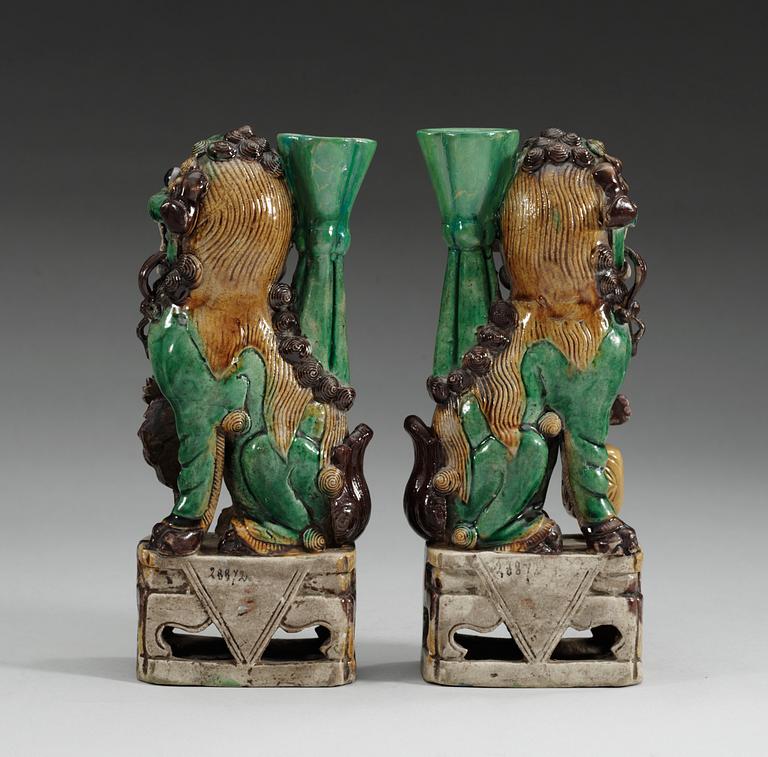 A pair of famille verte bisquit censers, Qing dynasty, 18th Century.