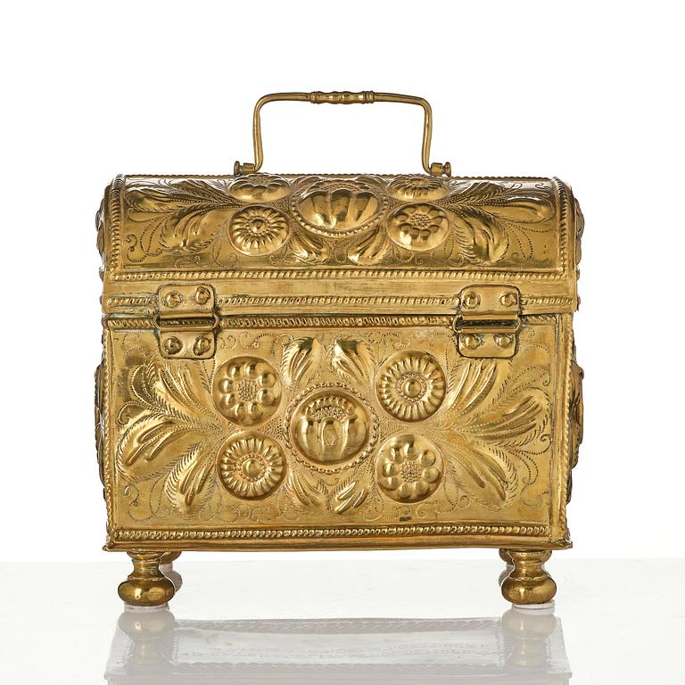 A Swedish baroque repousse brass box, dated 1707.