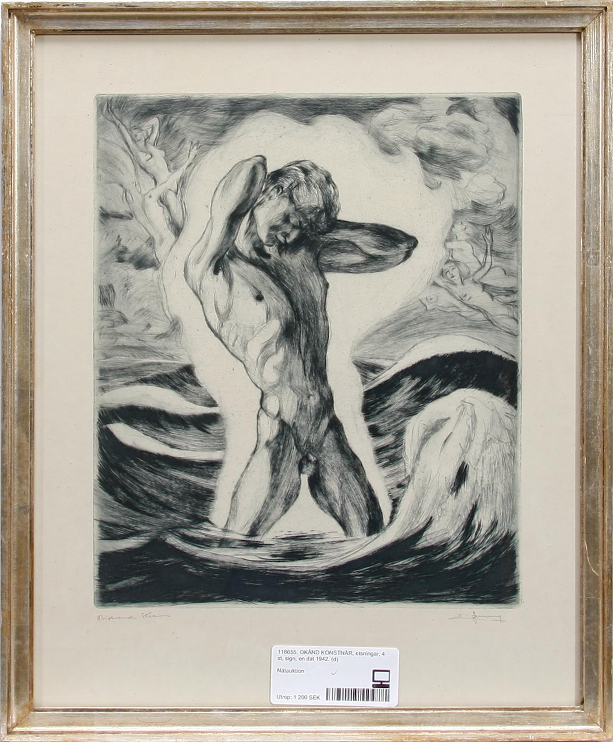 OKÄND KONSTNÄR, etsningar, 4 st, sign, en dat 1942.