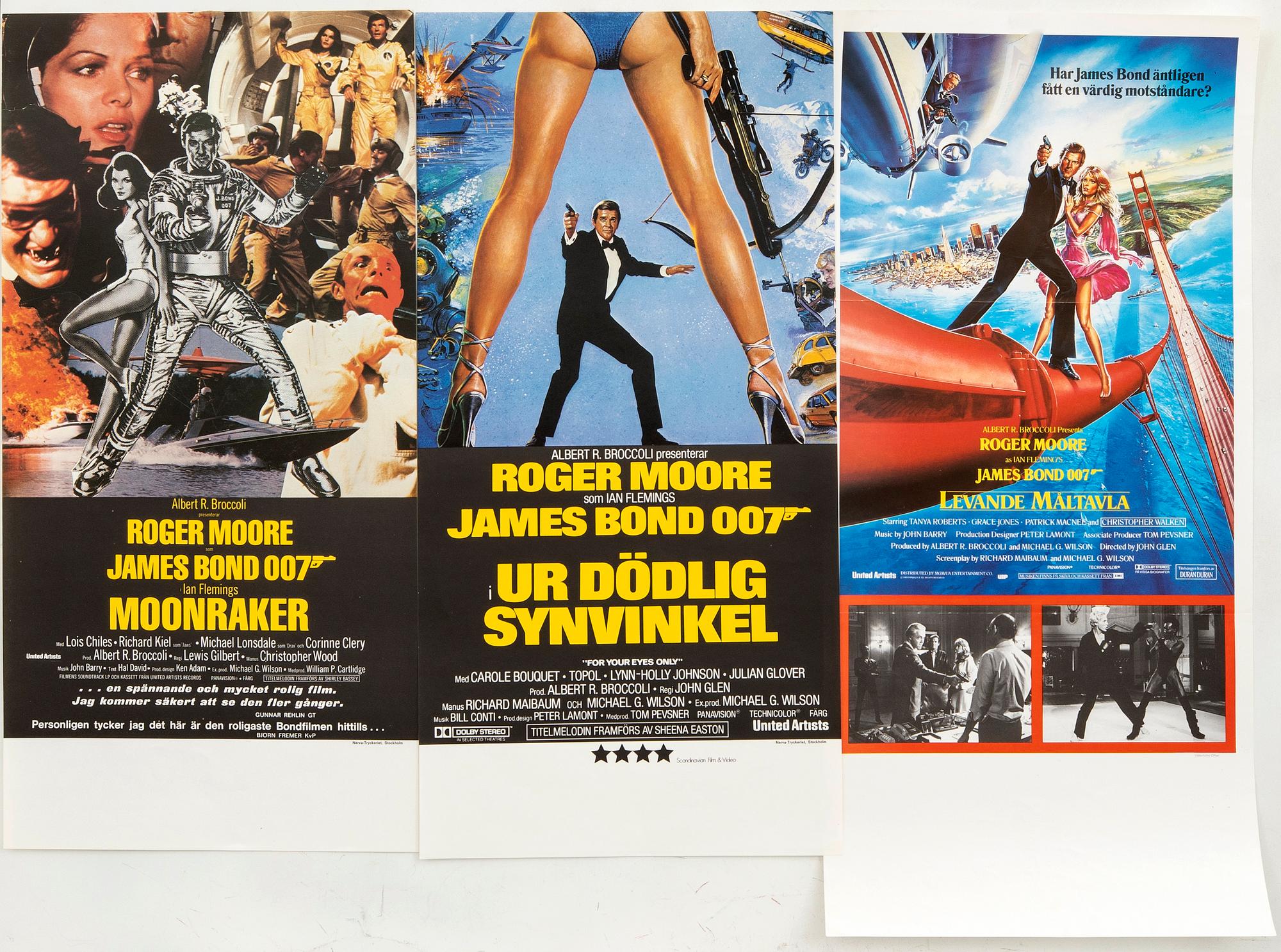 A set of three Swedish moive posters James Bond "Ur dödlig synvinkel", "Levande måltavla", "Moonraker", 1979/1981/1985.