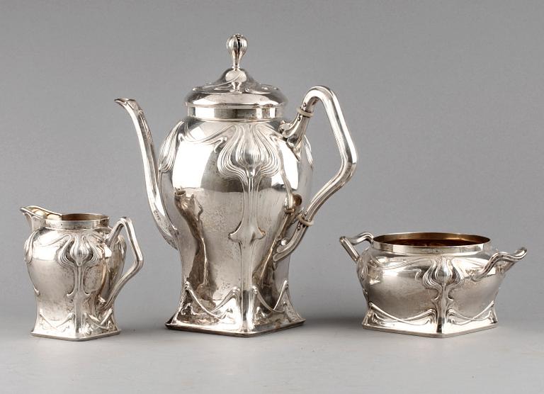 KAFFESERVIS, 3 delar, silver, jugend, K Anderson, Stockholm 1904. Tot vikt c:a 800 g.