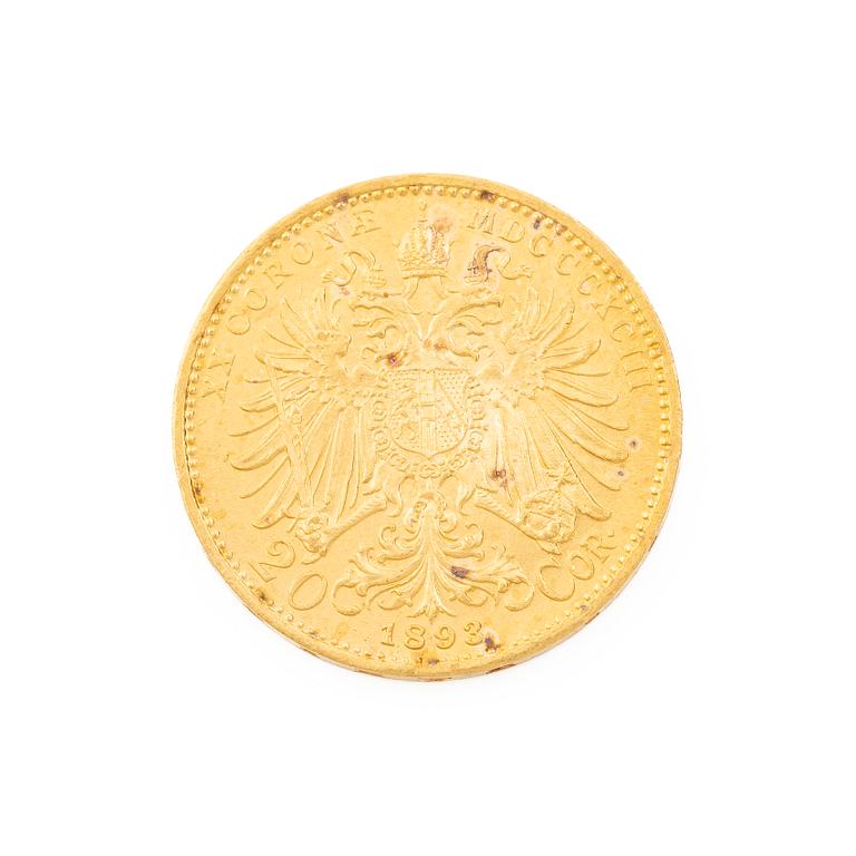 Gold coin, Austria-Hungary, 20 Corona, 1893.
