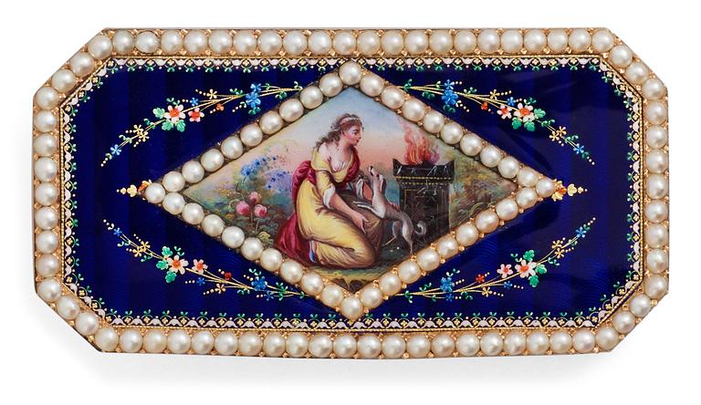 A Swiss late 18th century/early 19th century gold and enamel snuff-box.