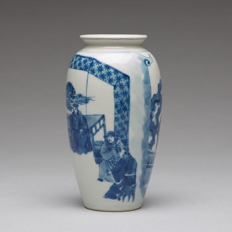 A blue and white vase, late Qing dynasty with Kangxi mark.