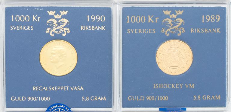 GULDMYNT, två stycken, 1000 kronor. Sverige, 1989 och 1990. Vikt 5,8 gram per styck.