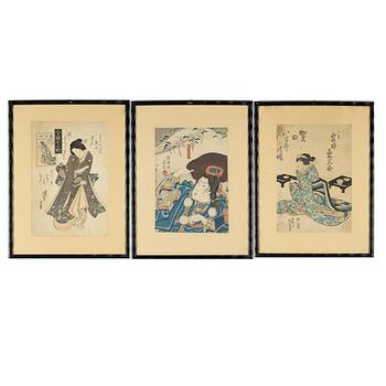Träsnitt, tre stycken, Keisai Eisen respektive Utagawa Kunisada (Toyokuni III).
