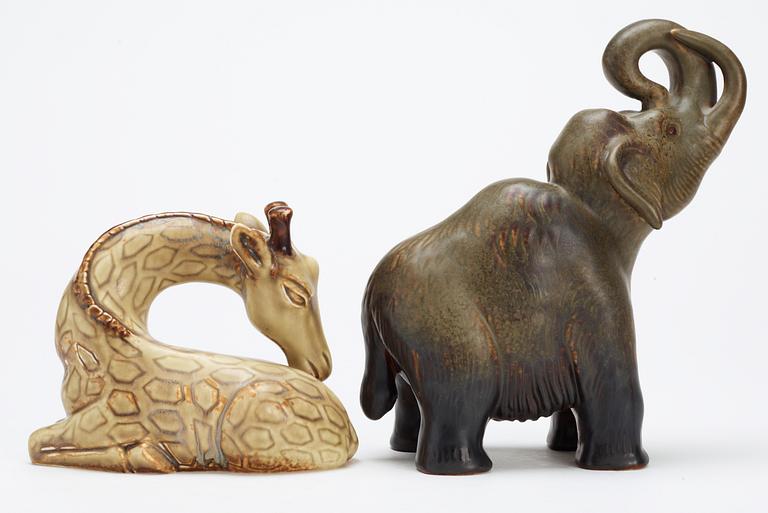Two Gunnar Nylund stoneware figures, a giraffe and a mammoth, Rörstrand.