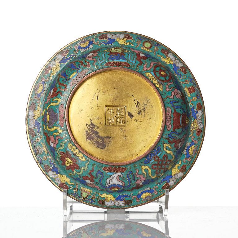 A cloisonne 'Sanskrit' dish, Qing dynasty, with a Qianlong mark and of the period (1736-95).