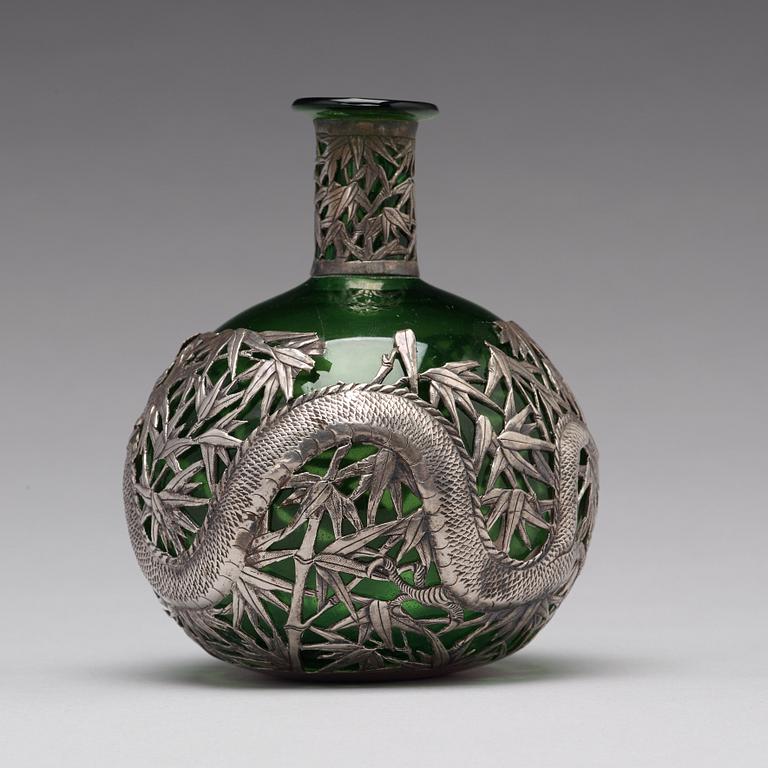 A Chinese silver mounted glass bottle, Shanghai, 1910's.