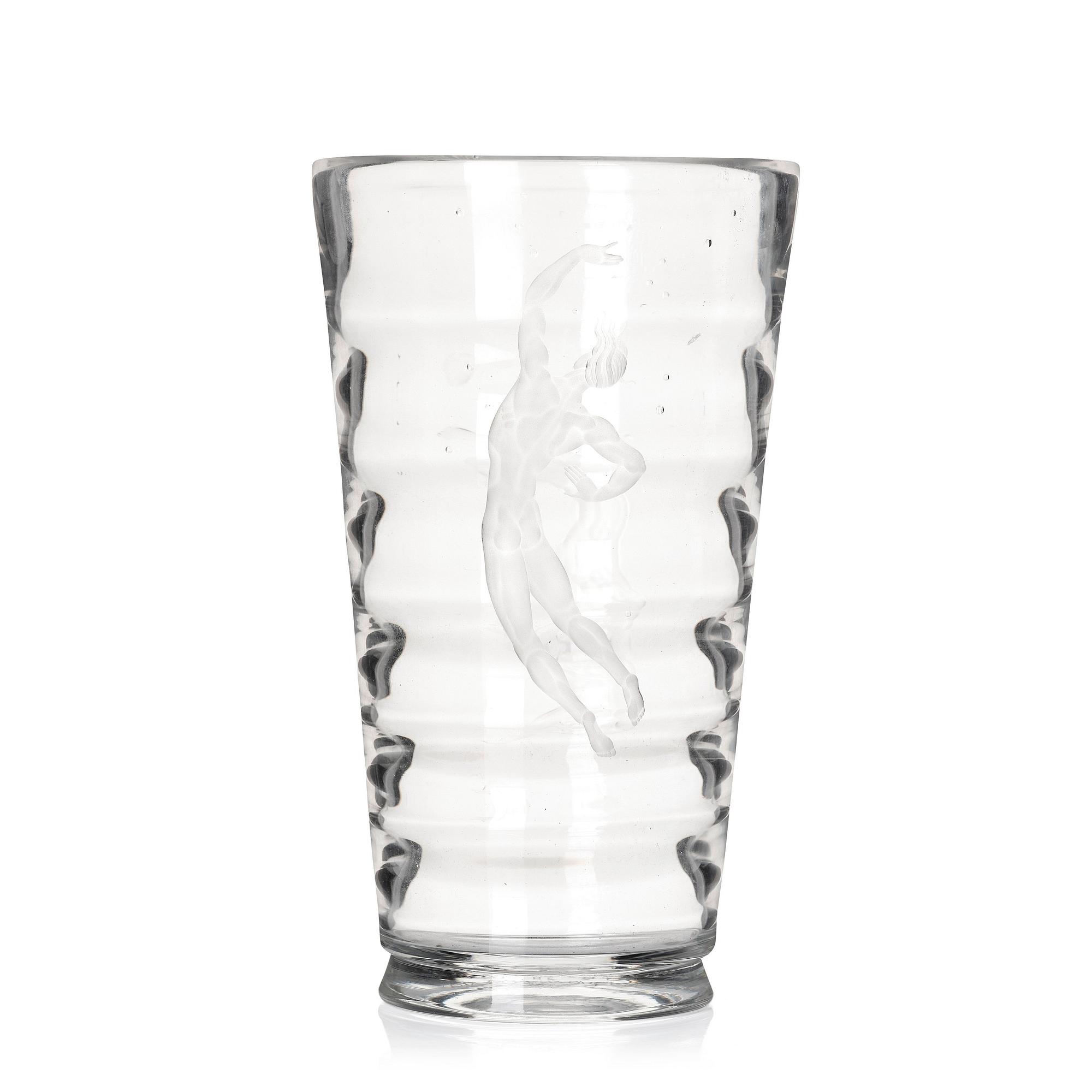 Vicke Lindstrand, an engraved and cut glass vase 'Pärlfiskare', Orrefors, Sweden 1936.