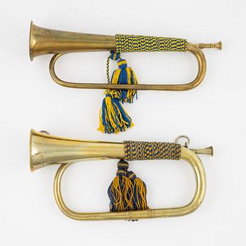 Two military brass signal horns, one marked 'True Sound' Birger Steiner Stockholm.