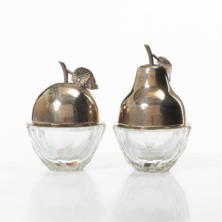 Skålar med lock, 2 st, glas och silver, 1900-tal.