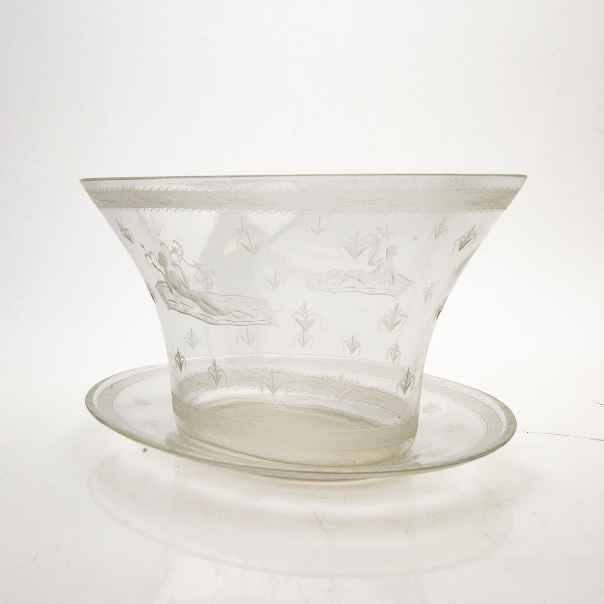 Edward Hald, Bowl with saucer, glass, Orrefors, 1920s.