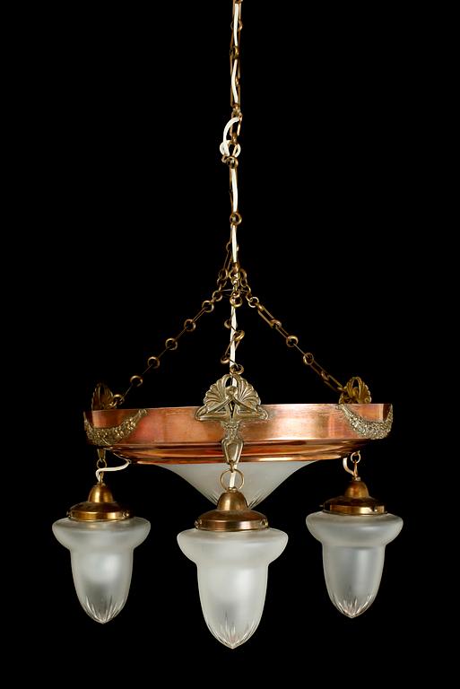 TAKLAMPA. koppar och mässing, jugendstil, tidigt 1900-tal. Höjd 85 cm.