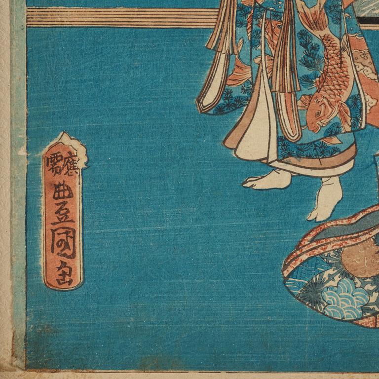 Utagawa Kunisada, four colour woodblock prints, Japan, c. 1850-60.