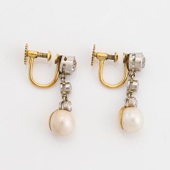 Gold, old cut diamond and pearl earrings.