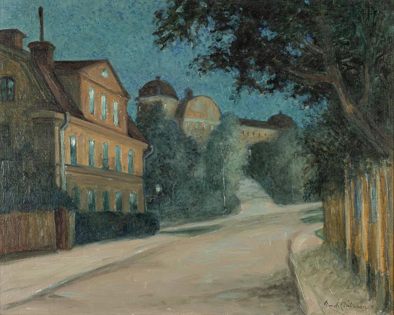 Ernst Nilsson, Vy mot Uppsala slott och Clasonska gården från Övre Slottsgatan.