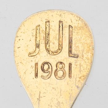 Danish Christmas cutlery/annual cutlery, 12 pieces, gilded sterling silver and enamel, Anton Michelsen and Georg Jensen,