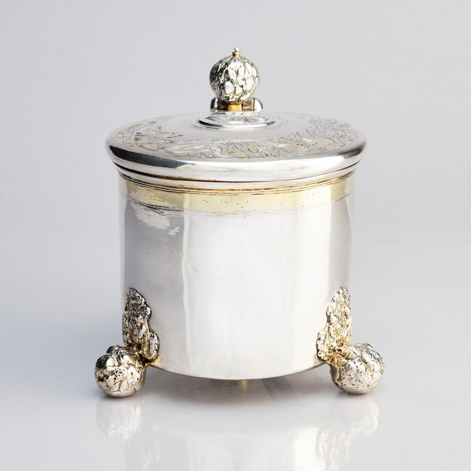 Lorenz Westman, dryckeskanna, delvis förgyllt silver, Stockholm (verksam 1656-1682). Barock.