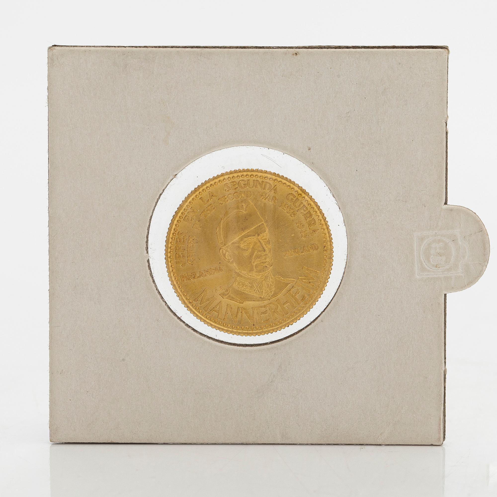 A commemorative coin of Mannerheim, gold, Venezuela 1958. Banco Italo-Venezuela.
