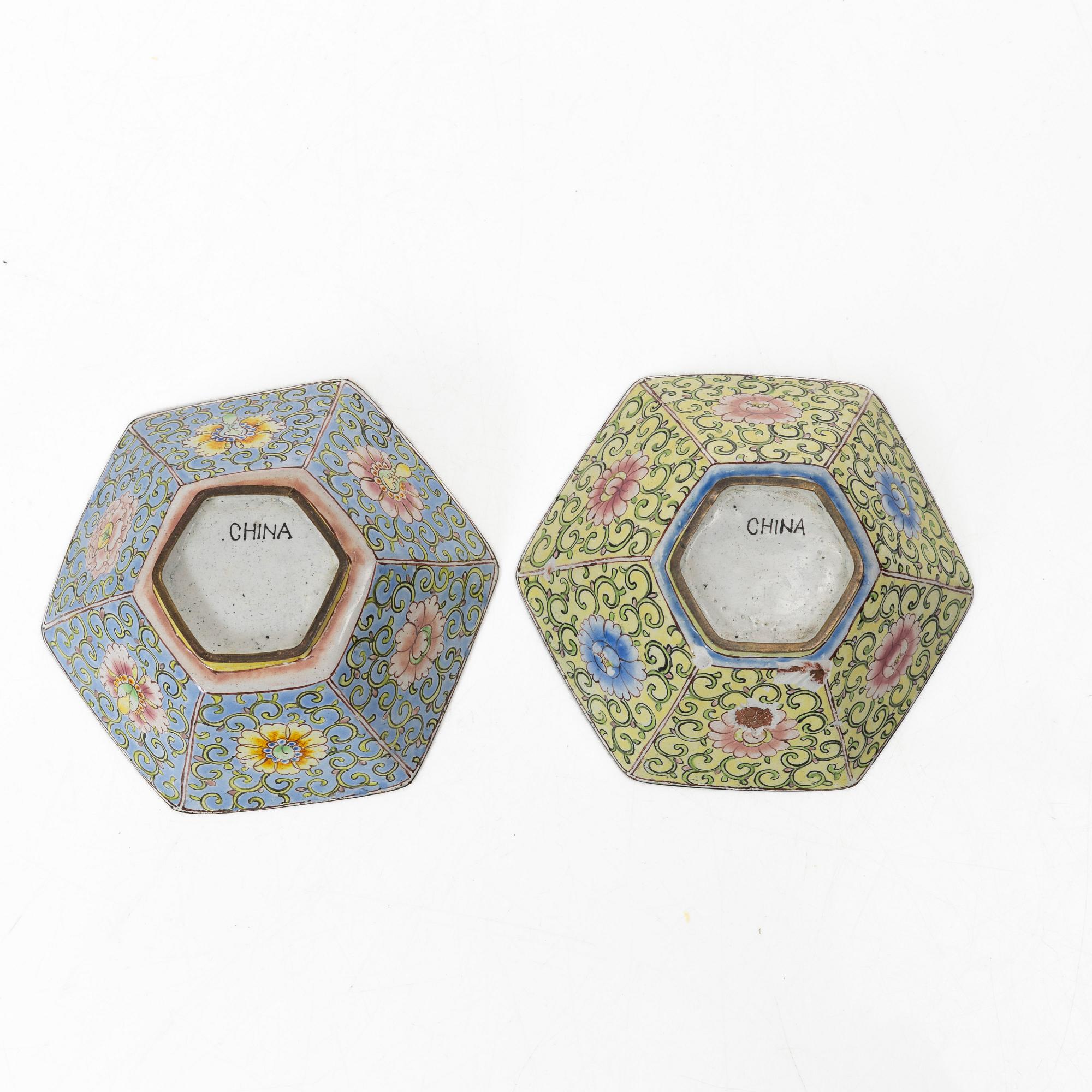 A set of six Chinese enamel on copper bowls and a dish, Qing dynasty and 20th century.